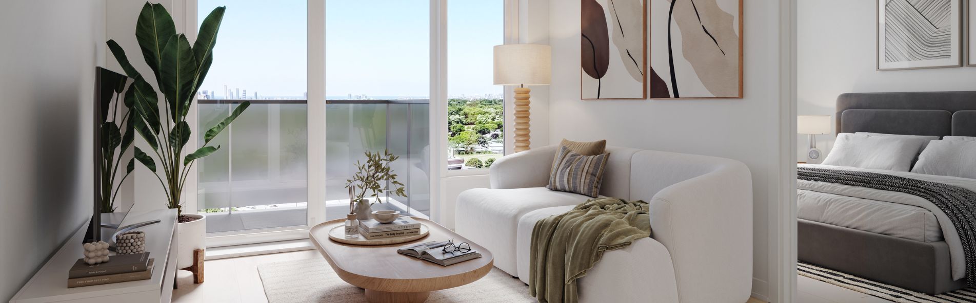 Living room, balcony and bedroom of a Richview, Etobicoke apartment. 610 Martin Grove by Minto Apartments. slider-img